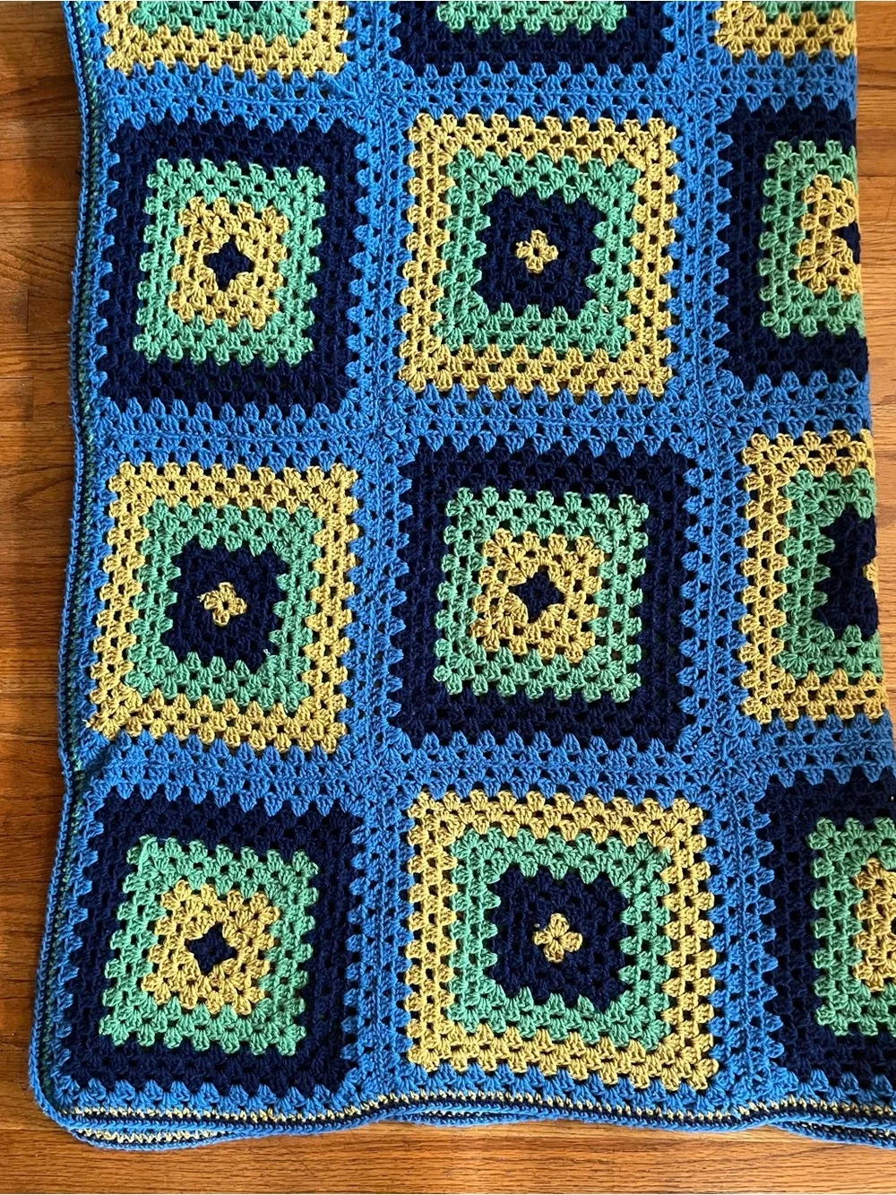Vintage Handmade Crochet Afghan Blanket in Blue, Green, Yellow, Navy 48 x 72